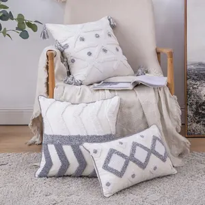 Boho Sarung Bantal Berumbai 18X18 Inci, Sarung Bantal Boho Berumbai Maroko dengan Rumbai Penutup Bantal untuk Dekorasi Rumah