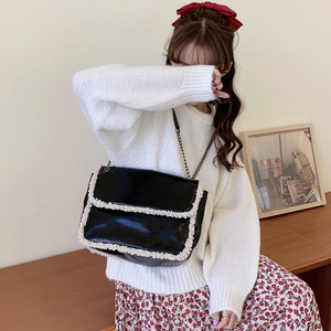 Women's Autumn Winter Lambswool <b>Bag</b> Black Chain Strap Magnetic Buckle Everyday Outfits Shoulder Crossbody <b>Bag</b> - Product Image 1