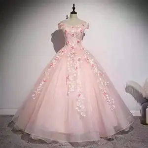 2726 Stylish Elegant Bridesmaid One Word Shoulder Wedding Dress Pink Floral Appliqued Tulle Evening Gown