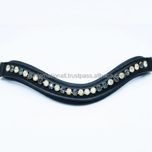 Bande de front de cheval en cuir noir souple avec chaîne ronde en métal de strass de cristaux gris or bande de front de canal vide - Product Image 1