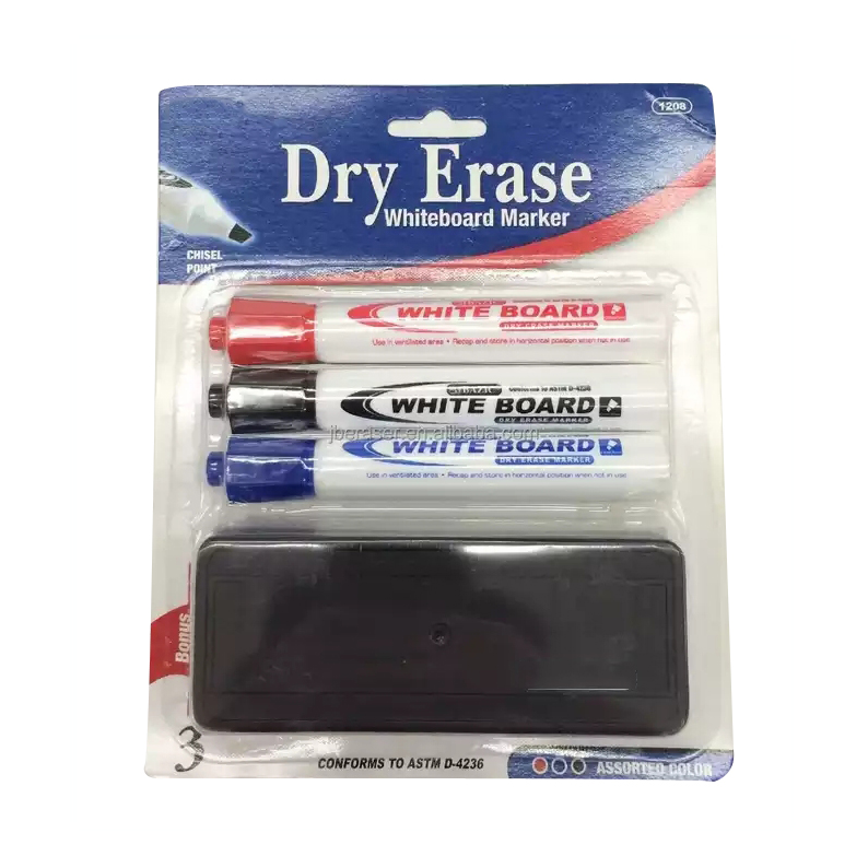 3 Color White Board Markers Office School Chisel Tip Dry Erase Marker with Eraser