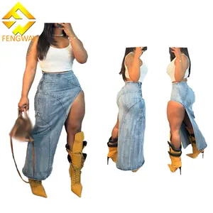 Fengway 2024 Stretch Wash Blue Denim Skirt Summer High Waist Skirt Streetwear Split Long Skirt For Women