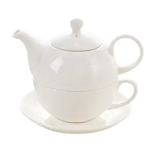 Wholesale Top Grade White Porcelain Individual Tea Set 17 oz Ceramic Teapot with Infuser and 7oz Cup and 6.75" Saucer