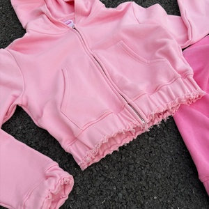 Custom Women Zipper Applique Embroidery Patch Pullover Hoodies pink <b>Cropped</b> Top Distressed <b>Zip</b> <b>up</b> Hoodie Women - Product Image 5