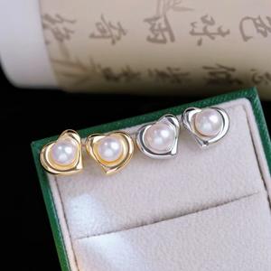 S925 <b>Silver</b> DIY Pearl Accessories 6-8mm Round Beads Love <b>Stud</b> Earrings with Hollow Support 22313 - Product Image 3