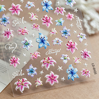 Stiker Seni Kuku Bunga Lily Warna-warni Timbul 5D Stiker Seni Kuku Bunga Pink Biru Dekorasi Kuku Perekat Diri Senyum Cinta