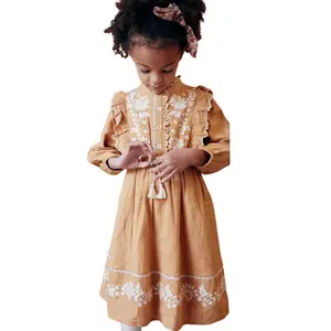 Винтажные клетчатые платья на заказ для девочек, детские белые платья из хлопка и льна с цветочной вышивкой и оборками