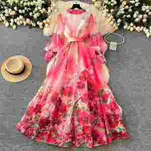 Vestido Midi Tipo Blazer con Cuello de Solapa para Mujer, Invierno 2024, Manga Farol, Estampado, con Encaje, Color Rojo - Product Image 4