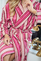 Bata de Baño a Rayas Rosa y Marrón para Mujer, Manga Larga, con Cinturón, de Felpa Suave, Ropa de Estar por Casa, Bata de Spa, Bata de Baño de Lujo