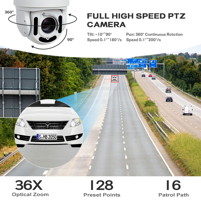 Insta 360 Action Camera 7 Inch PoE+ Remote Live View 36X Optical Zoom AI PTZ Night Vision 120dB Sound Alarm PoE Security Camera