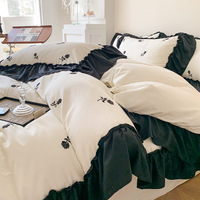 Ensemble de couette 7 pièces de style Hepburn, qualité française, noir, broderie animale, résistant à l'eau, 300 fils, coton doux pour la peau
