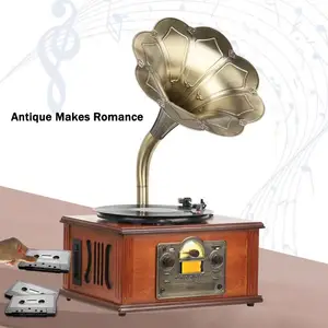 Retro wood gramophone restoring ancient ways of big pure copper loudspeakers LP/USB/FM/ player