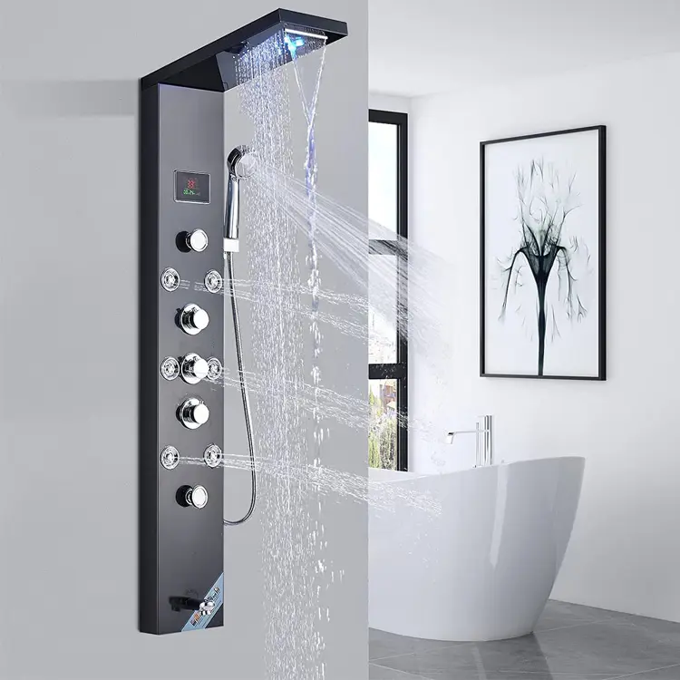 Panneau de douche en acier inoxydable Offre Spéciale 304, couleur noire, affichage numérique à 5 fonctions avec lumière LED