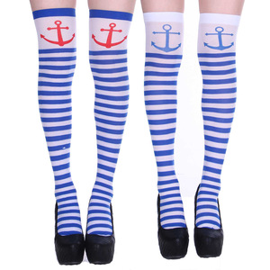 Chaussettes hautes de marin bleu marine à rayures blanches avec imprimé ancre pour femme, idéales pour costume ou cosplay - Product Image 3