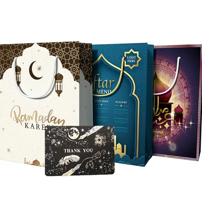 Conception personnalisée Sacs d'emballage réutilisables en papier pour les courses en mousseline de l'Aïd Mubarak Ramanda Festival islamique Sac cadeau en papier pour l'Aïd