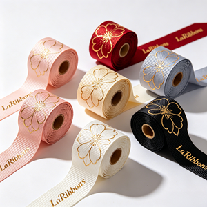 Cinta de poliéster grosgrain con estampado floral dorado y logotipo de marca personalizado OEM, múltiples colores base para decoración de regalos y prendas de vestir. - Product Image 4