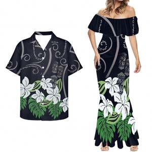 波利尼西亚部落夏威夷白色芙蓉印花定制情侣服装优雅休闲连衣裙紧身时尚男士衬衫短袖 - Product Image 1