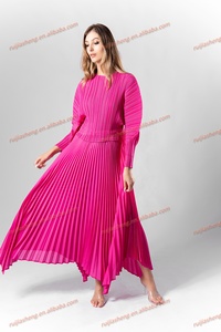 Miyake femmes plissé ceinture manches longue Robe bleu vert rouge rose grande taille Maxi <span class=keywords><strong>jupe</strong></span> Robe Vestido De Mujer Verano Robe modeste - Product Image 5