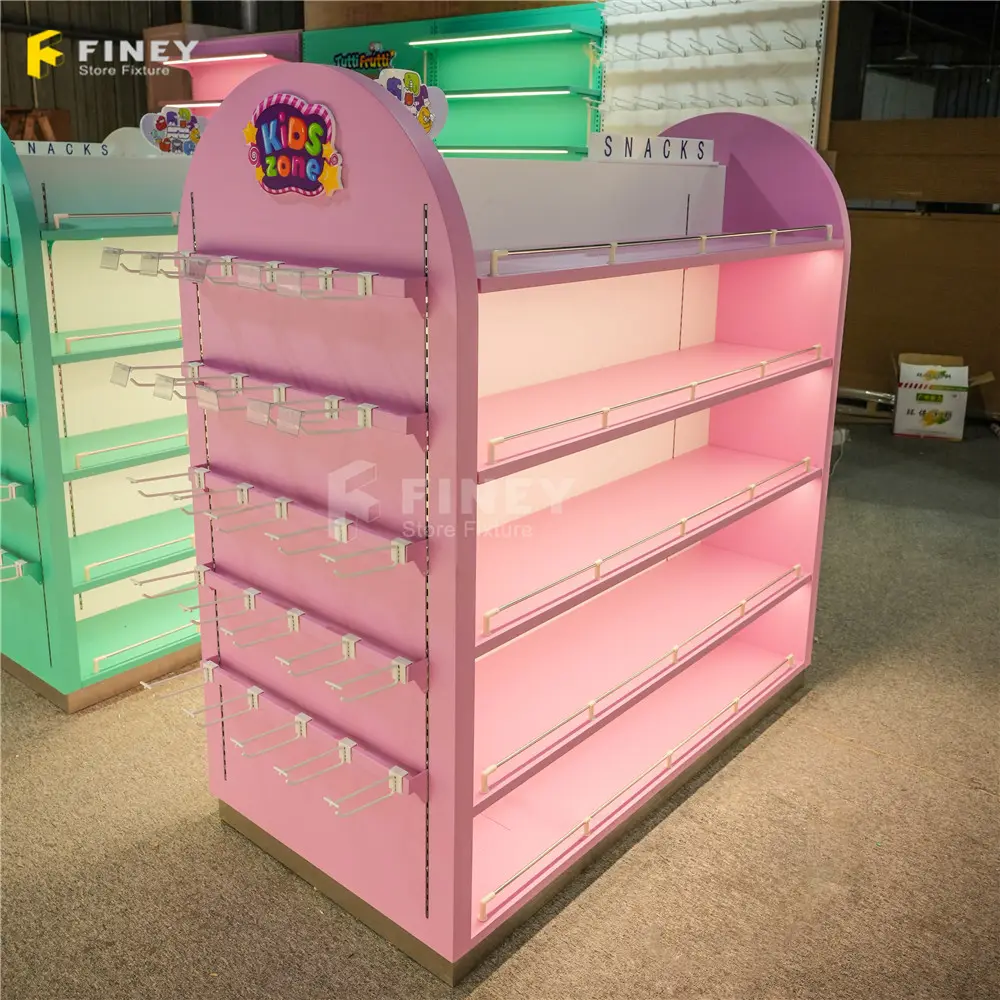 Wholesale Price High Quality Sweets and Candy Display Stand Colorful Candy Display Rack Pink Snack Display Rack with Light