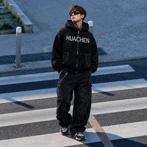Sweat à capuche zippé en molleton bouclette épais, personnalisé, effet vieilli délavé à l'acide, brodé, surpiqûres contrastées, coupe oversize, <span class=keywords><strong>style</strong></span> <span class=keywords><strong>streetwear</strong></span> vintage - Product Image 3