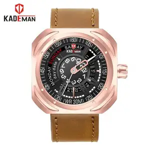 KADEMAN 663 फैशन गुलाब गोल्ड मर्द क्वार्ट्ज घड़ी असली लेदर का पट्टा तिथि वीक प्रदर्शन नंबर डायल करता सजावट आकस्मिक घड़ी