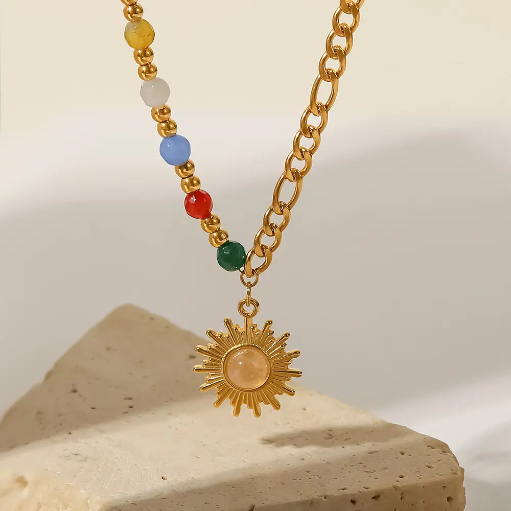 French New Titanium Steel 18K Gold Natural Stone Opal Sun Pendant Necklace Colorful Stone Necklace for women