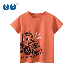 オレンジトラックパターンキッズ服Tシャツ綿100% 快適な男の子Tシャツ