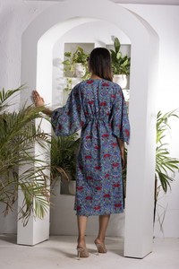 Red And Water Blue Printed Dress For <b>Women</b> With <b>Cape</b> Sleeves V Neckline And Flared Hem For Stylish Casual Fashion And Party Wear - Product Image 6