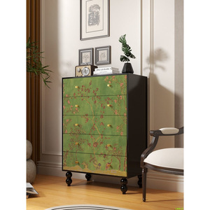 Cómoda de cinco cajones estilo vintage, verde floral, de madera maciza, para sala de estar o dormitorio - Product Image 1