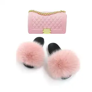 Custom Fur Sandals Slides Slippers and Designer Bag Handbags Matching Sets Fashion Women Fluffy Sandles With Purse