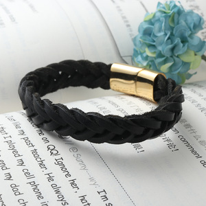 yunnique Black Braided <b>Leather</b> <b>Bracelet</b> Titanium Steel Gold Buckle Fashion Wrap <b>Bracelet</b> For Men Women Jewelry - Product Image 3