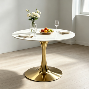 Table à manger ronde de luxe en pierre frittée avec piétement en forme de tulipe doré pour la maison, le café, l'hôtel, le restaurant, la salle à manger - Product Image 6