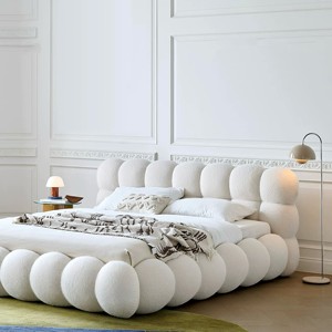 Letto per bambini in stile crema francese leggero, letto a bolle moderno e minimalista, letto matrimoniale imbottito in tessuto per camera da letto padronale - Product Image 2