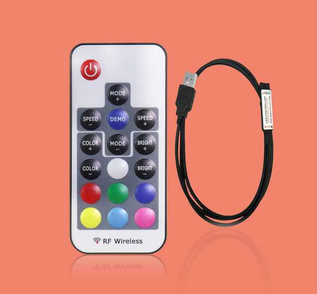 Mini LED Controller - DC 5-24V, 12A, 3-Channel RGB PWM Dimmer with 4-Pin RF 17-Key Wireless Remote, for LED Colorful Light Strip