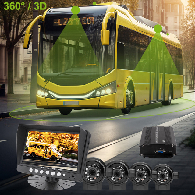 24-Hour Bus Parking Monitoring System AI Fish Eye Car 360 Degree Camera System with Split Screen Reverse Camera and Monitor