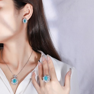Fashion 10*12mm Paraiba Zircon Vintage Vintage Necklace <b>Earrings</b> Ring 3Pcs Eco-friendly Copper Elegantes Ladies Jewellery <b>Set</b> - Product Image 6