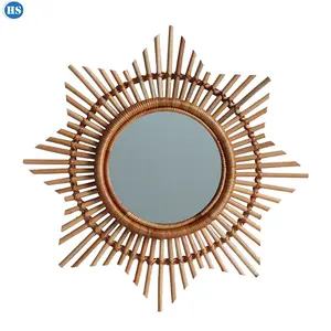 Factory Hot Sale Hand-woven Rattan Makeup Mirror Living Room Wall Decoration Retro Hanging Mirror Round Mirror