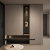Meuble de rangement minimaliste pour couloir avec banc intégré et étagères à lattes pour entrée de résidence haut de gamme