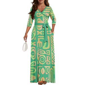 Vestito da donna taglie forti di tendenza, elegante e lungo, con scollo a V e maniche lunghe, motivo tatuaggio polinesiano samoano - Product Image 4