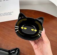 Ensemble de vaisselle en céramique de luxe léger, écologique, noir brillant, motif chat de dessin animé mignon, résistant au lave-vaisselle, vente en gros