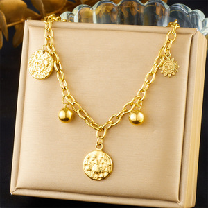 Retro Fashion Star Moon Sun Face Round Pendant Gold Plated Stainless Steel O Chain Necklace - Product Image 1