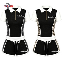 Set Dua Potong Motif Cheetah, Kaos Polo Kerah Setengah Resleting dan Celana Pendek Warna Blok, Tracksuit Y2K 2 Potong, Pakaian Klub untuk Wanita