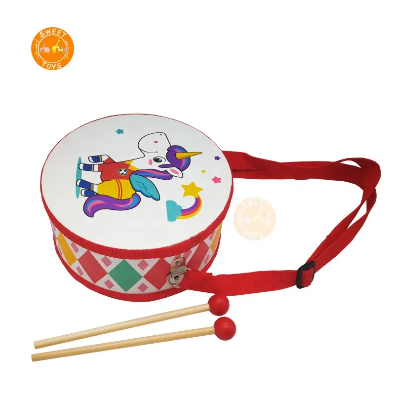 Jouets d'instruments de musique sensoriels pour enfant, tambour en bois 6 pouces, avec une sangle réglable et 2 baguettes de tambour pour tout-petits