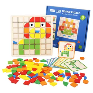 儿童木制积木玩具120件马赛克拼图棋盘游戏Diy 3d木制拼图儿童教育玩具