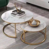 Nouvelle conception, table basse ronde dorée de style nordique, table d'appoint en fil de fer avec plateau en marbre à 2 niveaux, meubles de salon