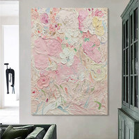 Peinture à l'huile abstraite florale moderne minimaliste de style crème beurrée rose, peinte à la main, pour décoration de salon, entrée, couloir, mur