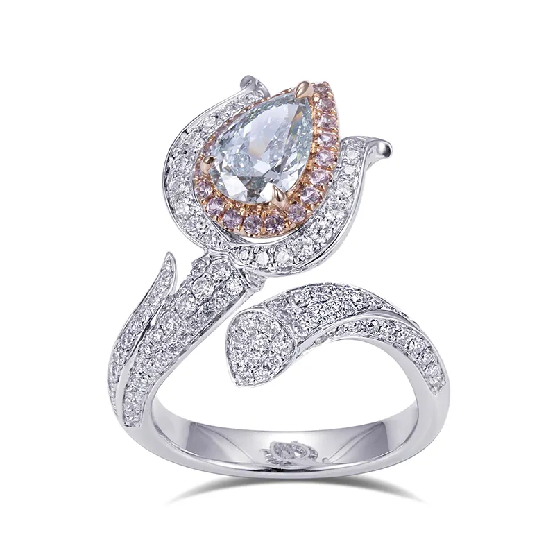 독특한 디자인 사용자 정의 보석 꽃 약혼 반지 18K 화이트 골드 헤일로 블루 랩 성인 다이아몬드 조절 반지