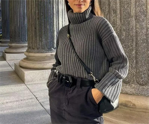 2024 automne/hiver décontracté côtelé court tricot rétro <span class=keywords><strong>col</strong></span> <span class=keywords><strong>roulé</strong></span> pull rue à manches longues femmes tricots amples - Product Image 5