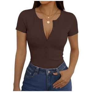 Camisetas de <span class=keywords><strong>Manga</strong></span> <span class=keywords><strong>Corta</strong></span> para <span class=keywords><strong>Mujer</strong></span>, Estilo Henley, Cuello en V, con Botones, Ajustadas, Elásticas, de Color Sólido - Product Image 3