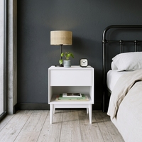 Table de chevet blanche de style mi-siècle avec tiroir, étagère de rangement ouverte, pieds en bois, pour chambre à coucher, petit espace, décoration